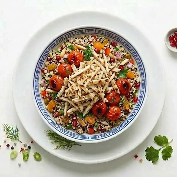 Jewelled quinoa & chicken salad with blister tomato